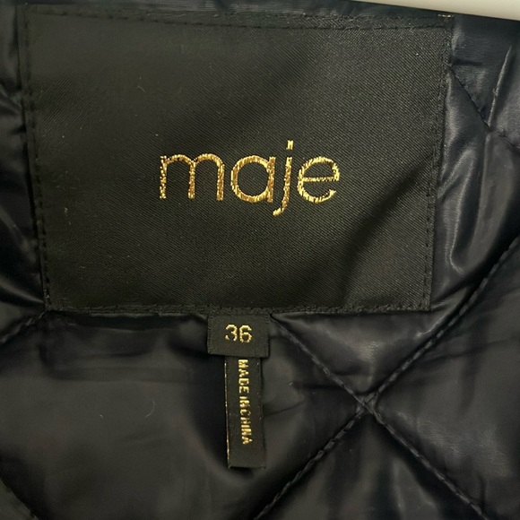 Maje Gamaso Parka Coat Fur Hood Leather Trim Midnight Blue - Picture 4 of 4